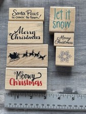 Wood Mounted Rubber Set 7 Stamps Christmas Santa Paws Let It Snow Merry