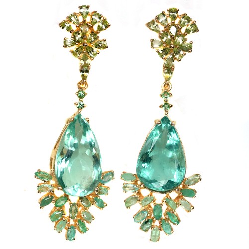 Unheated Gemstone Green Fluorite, Emerald, Peridot Earrings 925 Silver - Picture 1 of 5