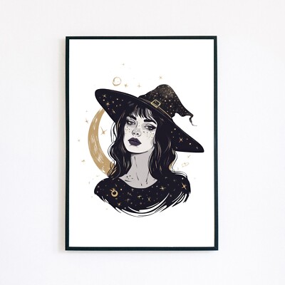 Hexe Portrait Mond Stern Gothic Halloween Illustration 7x5 Wanddeko Kunstdruck 