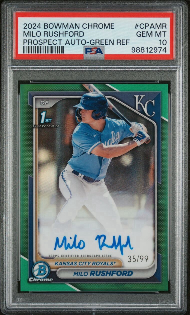 2024 Bowman Chrome Milo Rushford True Green 1st Bowman Auto /99 Royals PSA 10