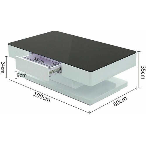 Mesa de centro de alto brillo con tapa de vidrio negro rectangular para sala de estar 2 cajones - Imagen 2 de 3