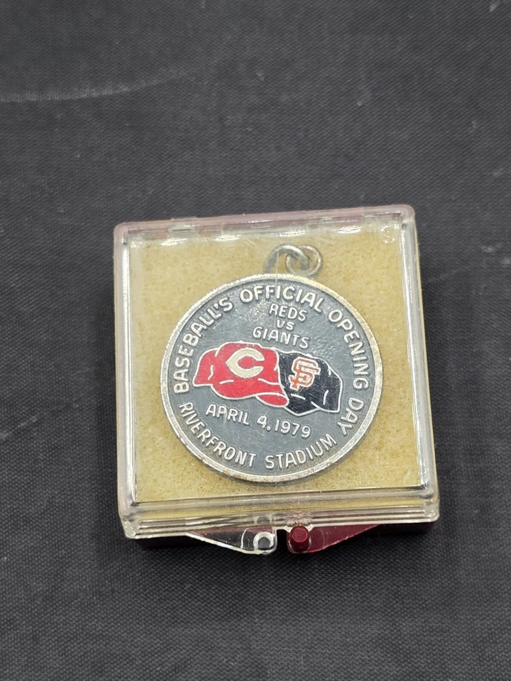1979 Cincinnati Reds Riverfront Stadium Opening Day Media Charm Pendant Pin RARE - Image 4 of 4