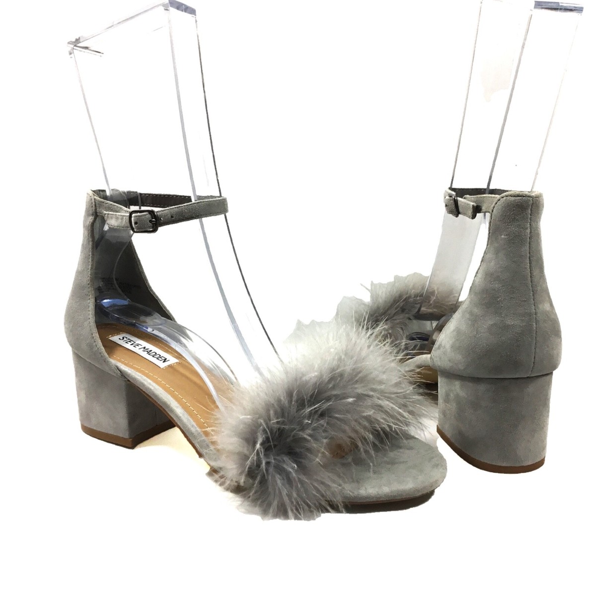 Preowned STEVE MADDEN Imelda Fluffy Feather Suede Block Heel