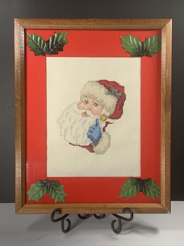 Vtg Crossstitch Or Needlepoint Santa Framed Matted Picture 15”x12.25” Christmas