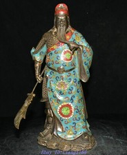 15,7 '' Bronze Cloisonne Emaille Großes Messer Guan Gong Yu Warrior God Statue