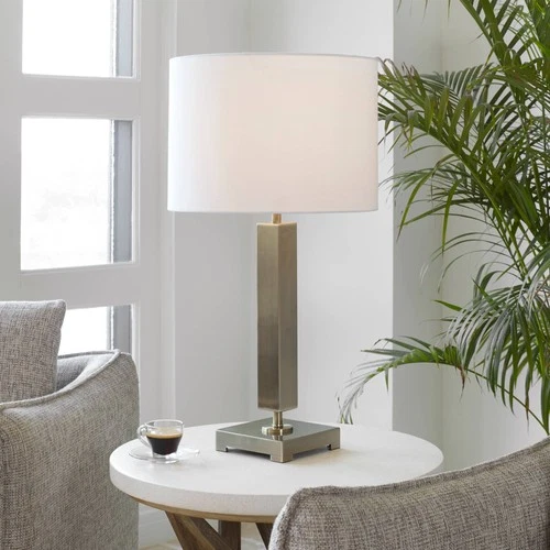 Modern Table Lamp 27" Tall Antique Brass Round White Linen Drum Shade Bedroom - Picture 1 of 8