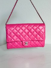 100% AUTH Chanel 12P Pink Patent Leather Flap Clutch Bag W/Chain