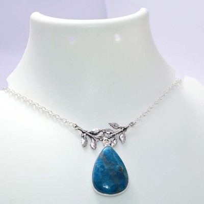 925 Silver Plated Exclusive Blue Apatite Necklace 18'' Special Edition Design MJ