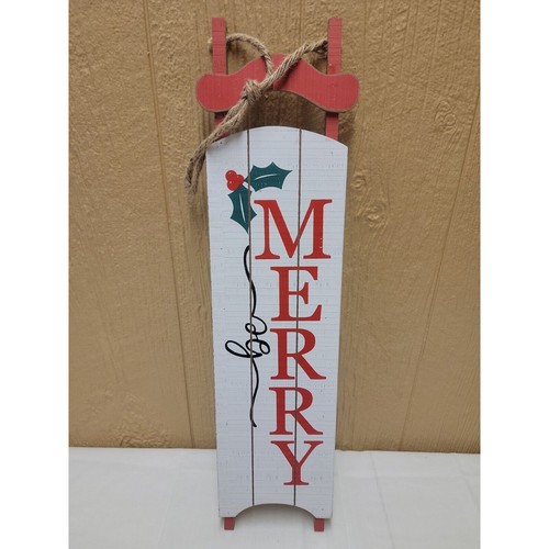Hanging Christmas Wooden Sled Sleigh "Merry" 23" x 6" - Picture 1 of 8