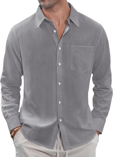 Herren Leinenhemden Freizeit Button Down Langarm Hemd Einfarbig Spread Hemden - Bild 5 von 57