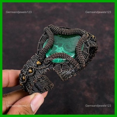 Daughters Day Deal Copper Oval Malachite Stone Wire Wrapped Heart Chakra Bangle