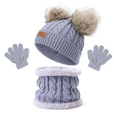 Kids Cute Pompom Winter Beanie, 3 In 1 Hat Scarf Gloves Set Knitted Fleece Grey