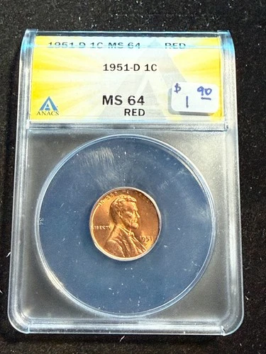 1951 D LINCOLN WHEAT CENT ANACS MS 64 RD 151