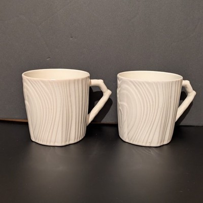 2-Martha Stewart Faux Bois Wood Grain White Stoneware 15oz Mugs 