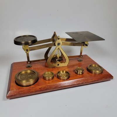 Antique Made In England Brass Postal Scale With Weights Wood Bottom