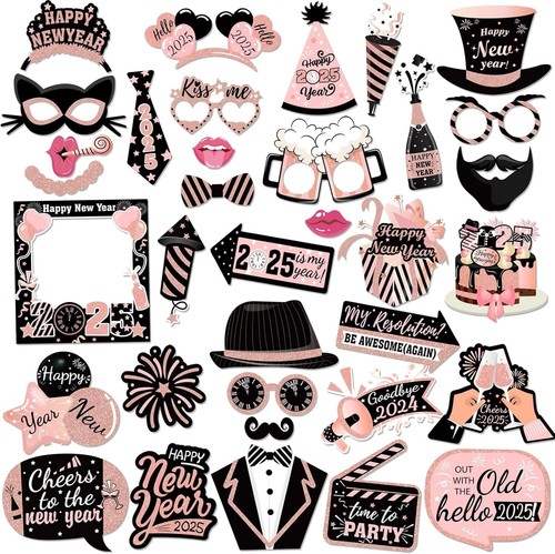 2025 Silvester Photo Booth Props Kit, 36 Stück Schwarz Rosa Fotorequisiten fü... - Bild 2 von 9