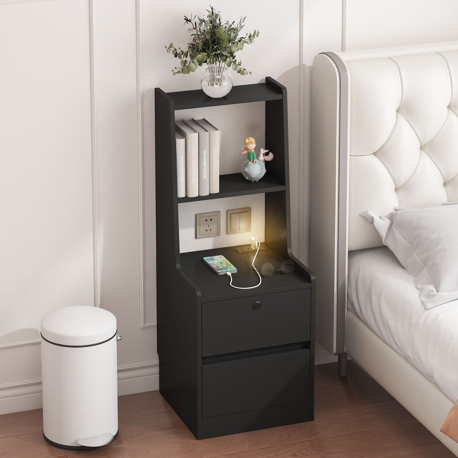 Modern Nightstand with USB Charging Station & Night Light