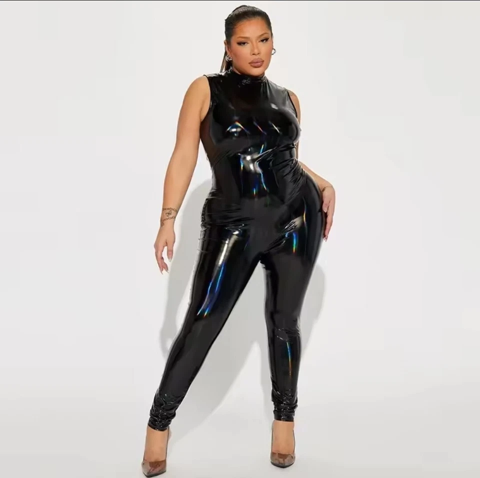 Plus Size Übergröße Bodycon Jumpsuit Catsuit Lack-Optik Wet Reißverschluss L-7XL - Bild 2 von 4