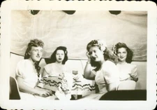 Vintage 1945 Black and White Photo Young Women Sitting Booth Smiling Friends 