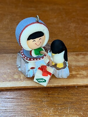 Vintage 1984 Hallmark Plastic Eskimo Fishing on Ice with Penguin Christmas Tree