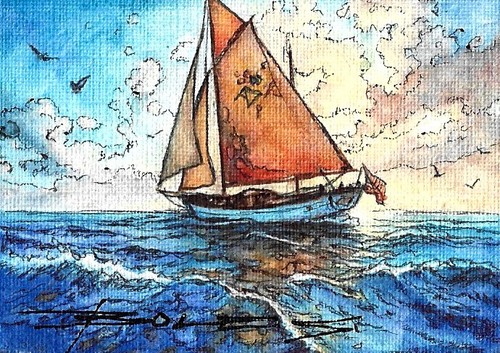 ORIGINAL Hand Painted Pen and Watercolor (ACEO) Setting Sail