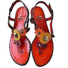 MOSCHINO Vero Cuoio Cheap  Chic Orange Leather Flower Sandals Size 5US