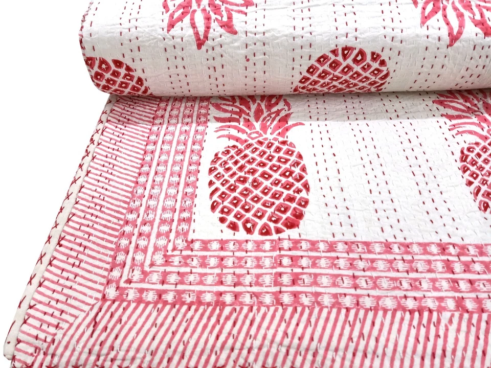 Floral Hand Block Printed Kantha Throw, Indian Soft Cotton Kantha bed/Sofa Quilt - Image 3 of 4