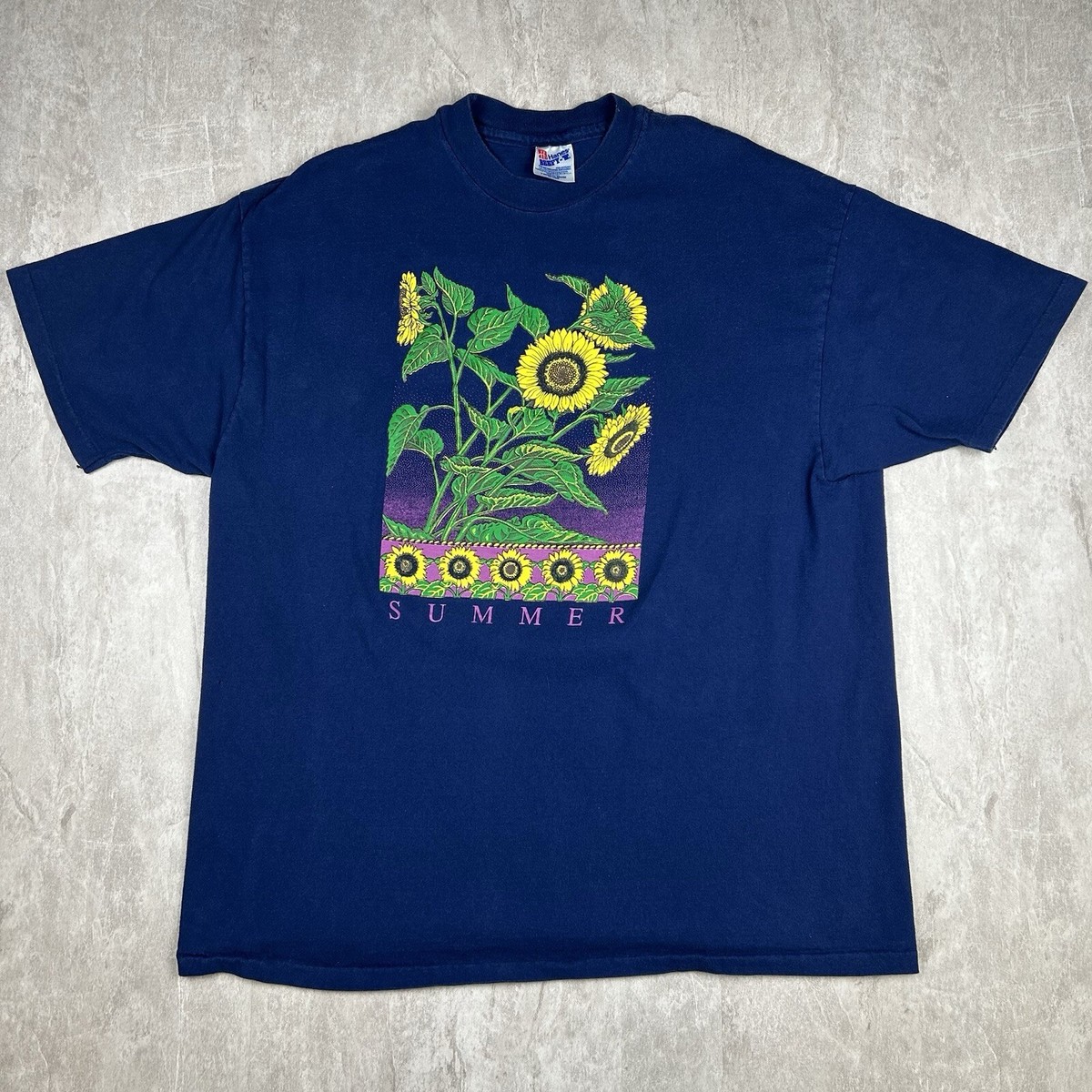 90s Hanes SunFlower ひまわり アートTシャツ デッドストック Vintage 90s Summer Sunflower T-Shirt Blue Nature Flowers Hanes
