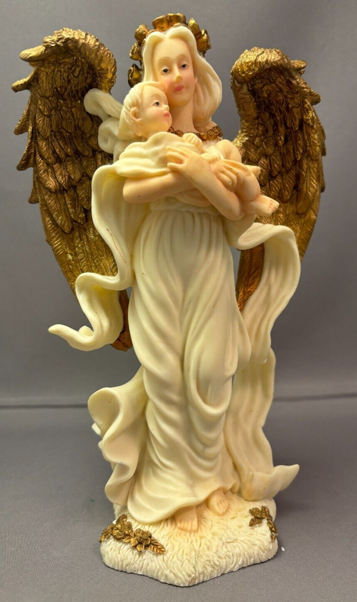 Angel Figurine Holding Infant Baby Gold Tone Wings & Rose Halo 8