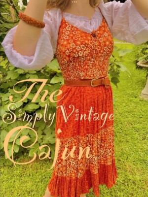 Burnt Orange Cream Floral Dress Hippie 70s Style Vintage Fall Autumnal  Summer