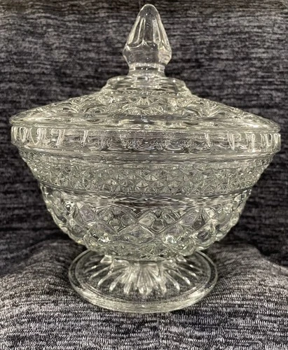 VTG Anchor Hocking Wexford Diamond Pattern Clear Cut Glass Candy Dish w/Lid 131