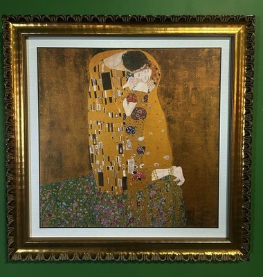 Gustav Klimt Canvas  The Kiss  Hand Embellished Wall Art Framed 22 x22 