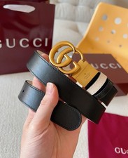 New Gucci Calfskin Leather Belt Black/White Reversible Gold GG Buckle 3.0cm
