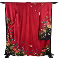 JAPANESE KIMONO FURISODE Red 161cm 5 ft 3 in PURE SILK AA9082