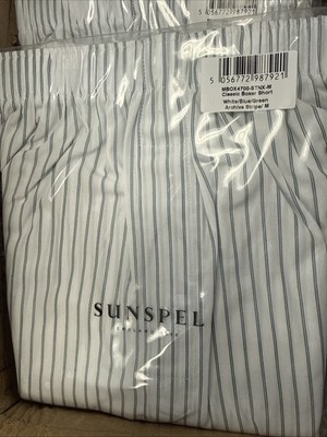 Sunspel  100% Cotton Boxer Shorts Size Medium blue white Green stripe New