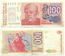 ARGENTINA NOTE 100 AUSTRALES (1986) ALONSO-CONCEPCION SUFFIX A B# 2835 P 327a VF