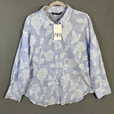Zara Women's Striped Floral Button-Up Blouse Size L Blue Semi-Sheer NWT