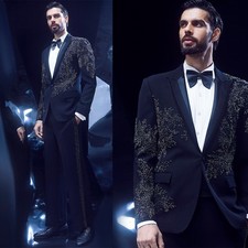 Men Suit Lace Appliques Long Coats Wedding Prom Tuxedos Shawl Lapel Beading