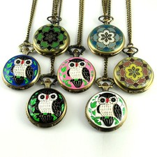 Retro Bronze Women Owl Cover Quartz Analog Pocket Watch With Chain Gift Pendant