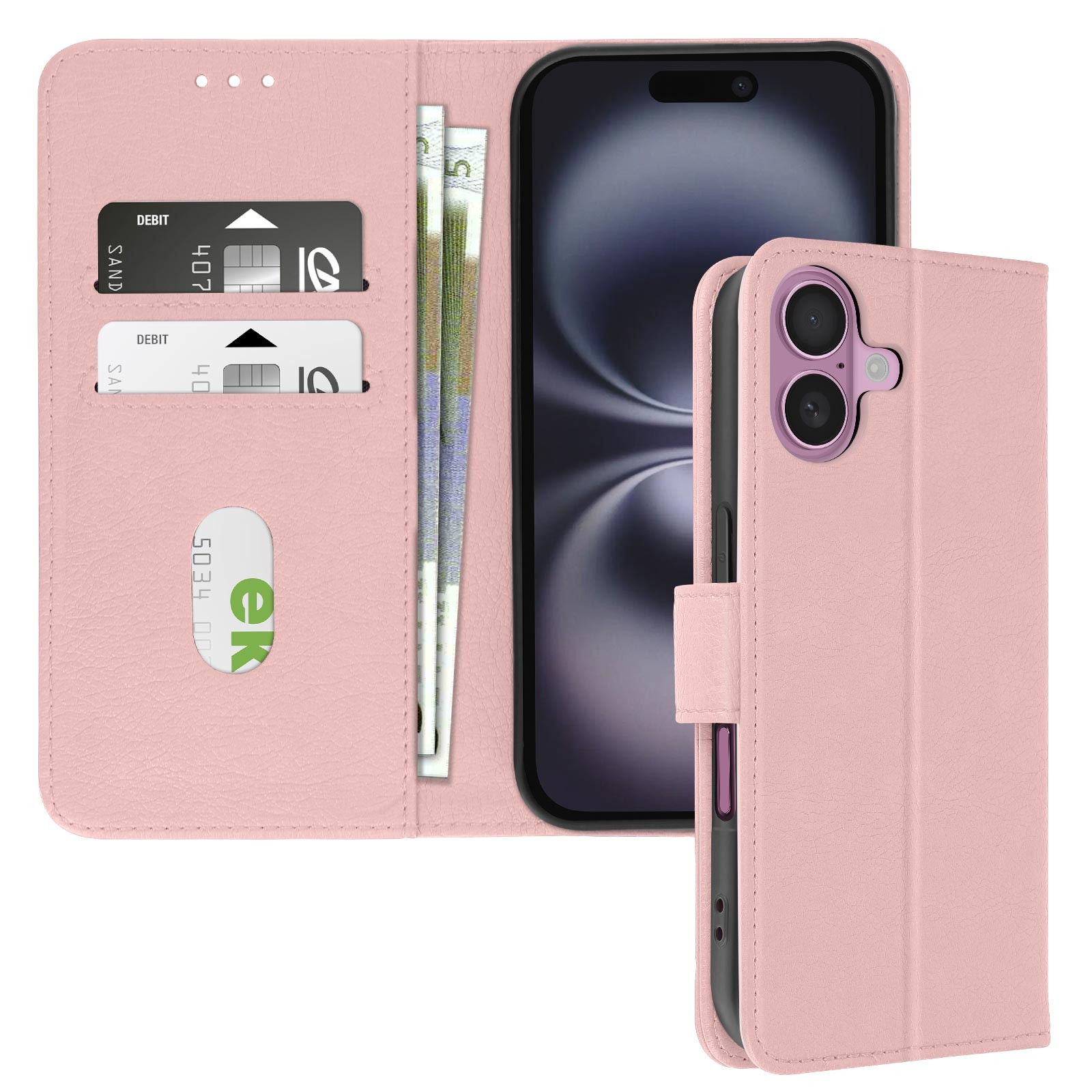 Housse iPhone 16 Plus en cuir synthétique rose pour regarder vos vidéos
