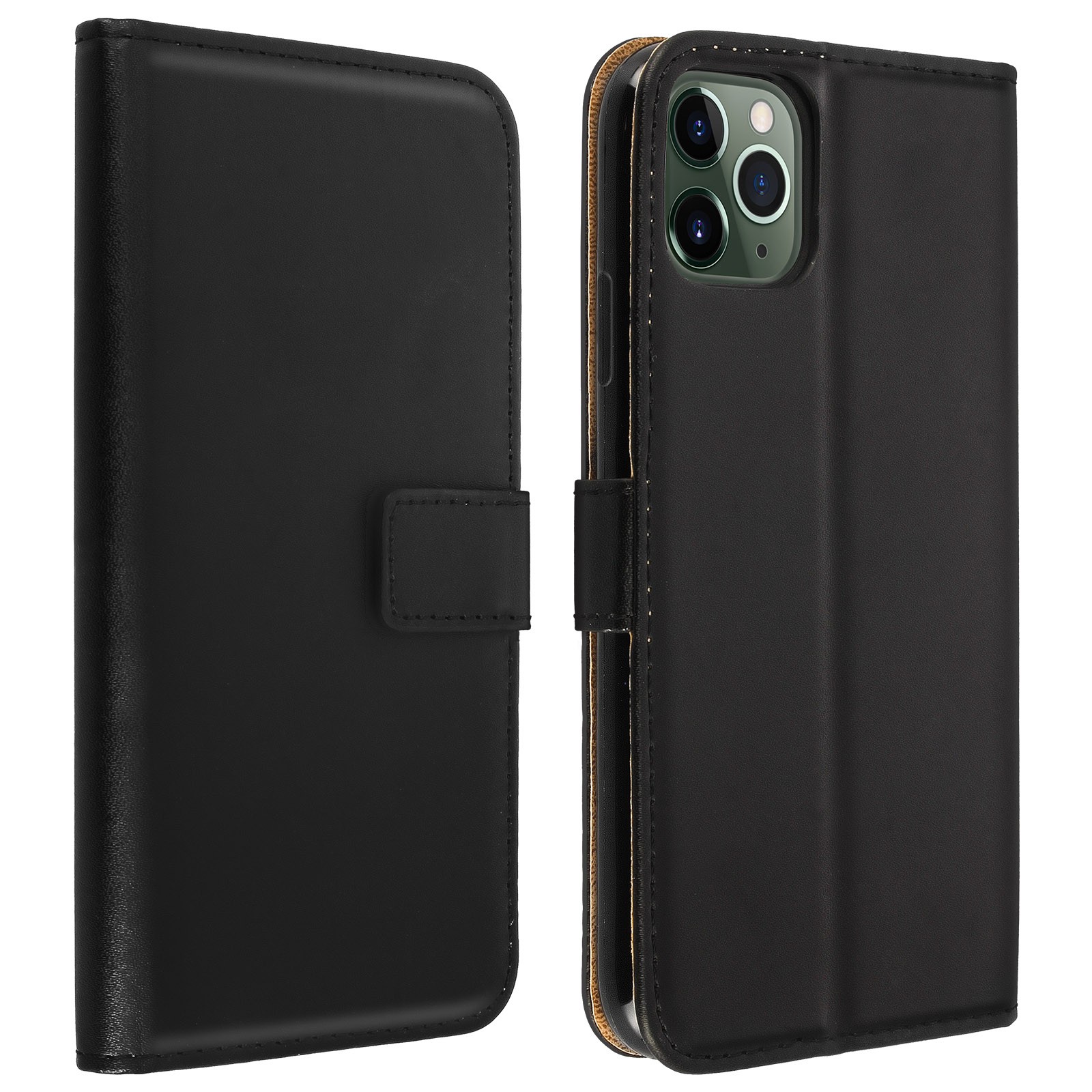 Coque en cuir véritable pour iPhone 11 Pro, étui folio haut de gamme noir