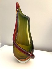Midcentury Flavio Poli Murano Sommerso Art Glass Vase Green  Orange W/ Red 11  