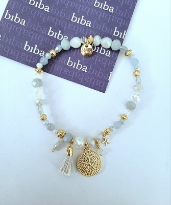 Biba Kristall Armband Grau Gold , dehnbar, 18 cm mit Anhänger , Neu/B1809