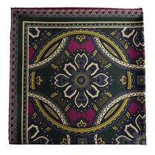 Forest Green Purple Medallion Silk Pocket Square Hand-Rolled in England