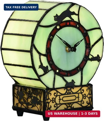 L10970 Cat and Mouse Tiffany Style Stained Glass Desk Clock Table Lamp for