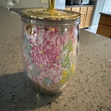Lilly Pulitzer Paradise Found Glitter Small Tumbler with Gold Lid And Straw