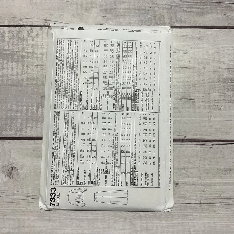 Simplicity 7333 Sewing Pattern All In One Shirt & Vest Pants Shorts Miss 6-10 - Image 2 of 3