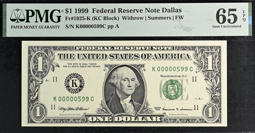 1999 $1 Federal Reserve Note PMG 65EPQ wanted popular low serial number 599 - Picture 2 of 3