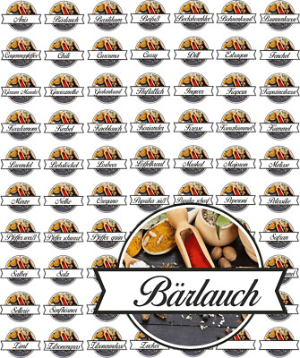 Aufkleber für Gewürze, Etiketten Gewürz, 67 + 3 Blankoetiketten, 40x30mm