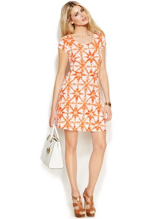 Abito svasato Michael Kors smaltato stampa piastrelle Clementine L nuovo con etichette $99 50